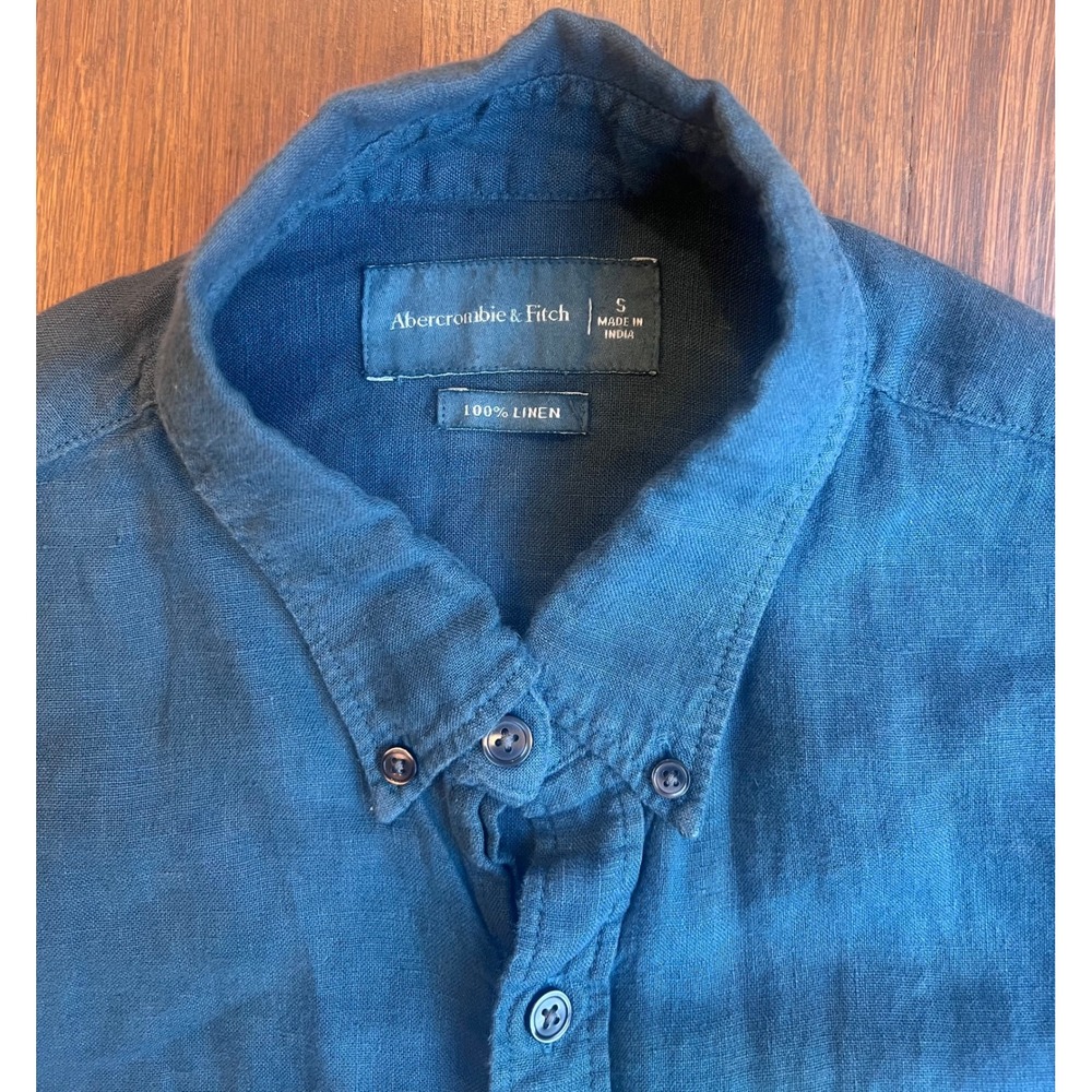 Abercrombie & Fitch Mens Small 100% Linen Button Down Shirt Teal Blue LS - Picture 3 of 6